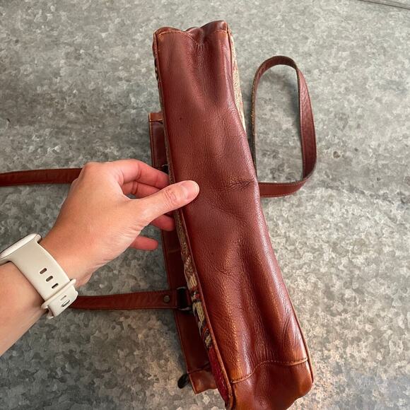 Vintage Turkish Wool Kilim Leather Camel Shoulder Bag Purse Brown Boho Artsy - Picture 4 of 13